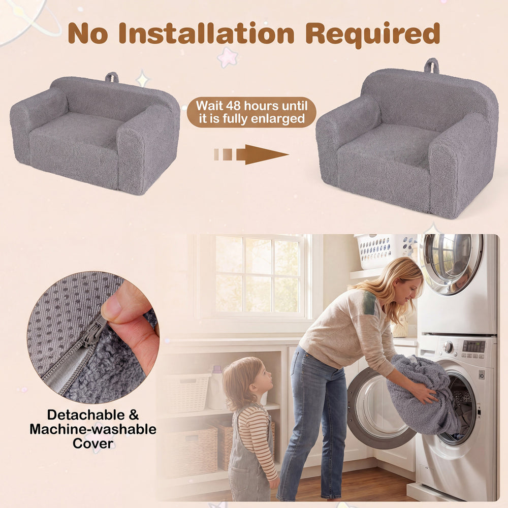 Gray kids couch with teddy fleece fabric, wide backrest, and removable cover, perfect for playrooms and bedrooms.