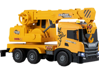 Licensed Scania crane truck toy features an extendable arm, rotating cabin, lights, and sounds for immersive play.