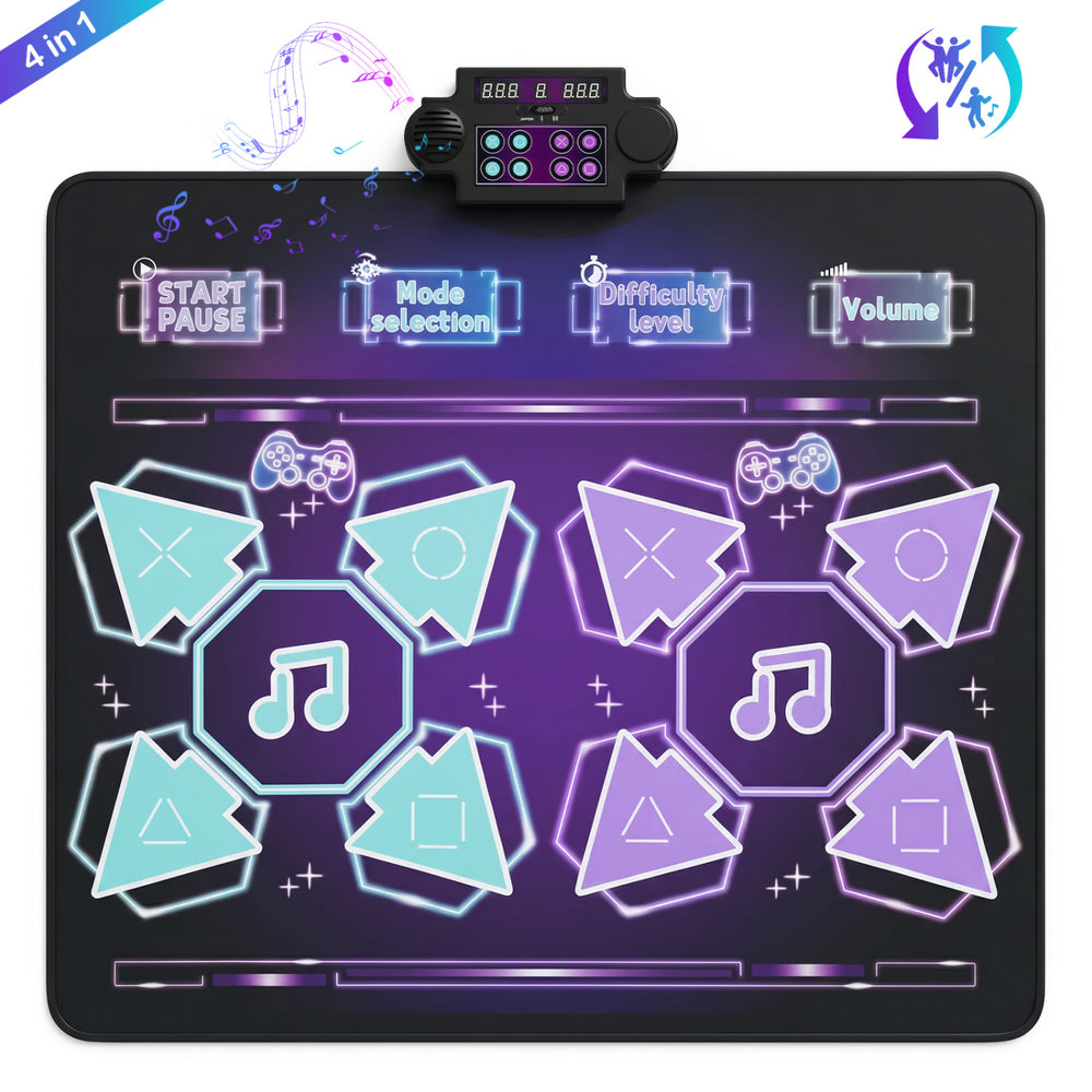 Interactive 4-in-1 electronic dance mat features 8 songs, LED lights, and 8 levels for kids' fun and coordination training.