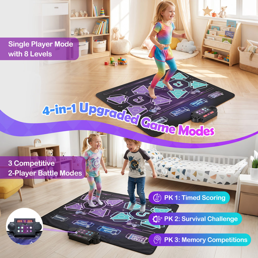 Interactive 4-in-1 electronic kids dance mat with 8 songs, 8 levels, and 3 LED speeds for fun solo or multiplayer gameplay.