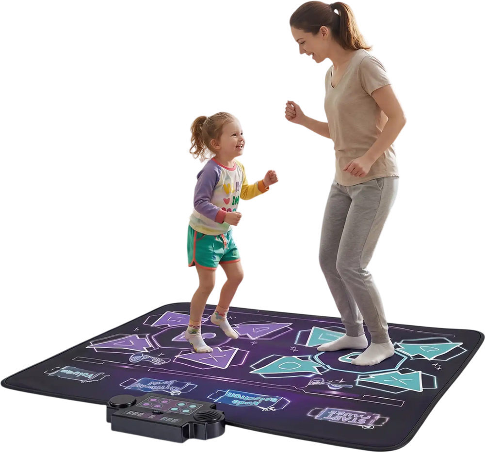 Kids dance mat featuring 4 modes, 8 songs, and LED lights for fun, interactive play and skill development indoors.