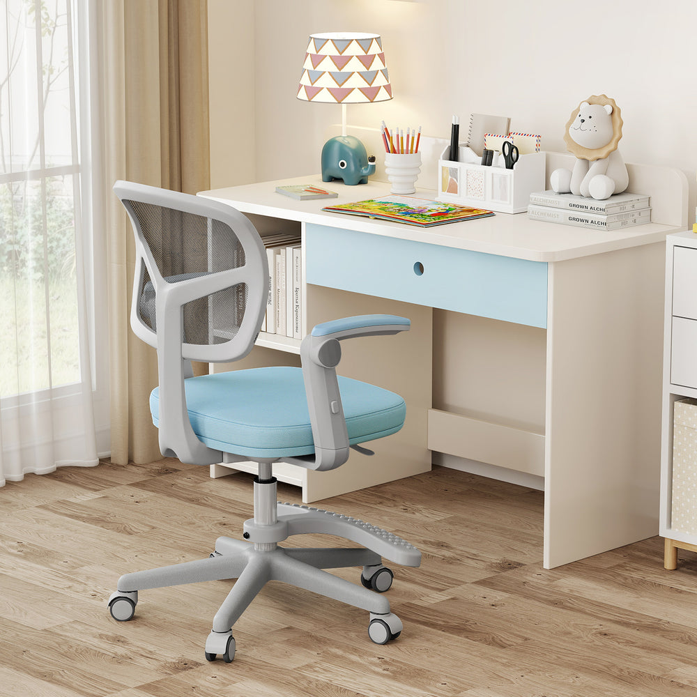 Blue kids desk chair featuring a padded seat, adjustable footrest, and mesh backrest for enhanced comfort and support.