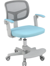 Kids desk chair in blue with a swivel seat, wide adjustable footrest, and ergonomic mesh back for improved air.