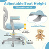 Kids desk chair with adjustable height, blue padded seat, swivel design, and ergonomic mesh backrest for comfort.