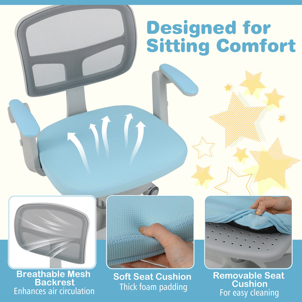 Kids desk chair with adjustable height, breathable mesh backrest, and removable cushion for easy cleaning.