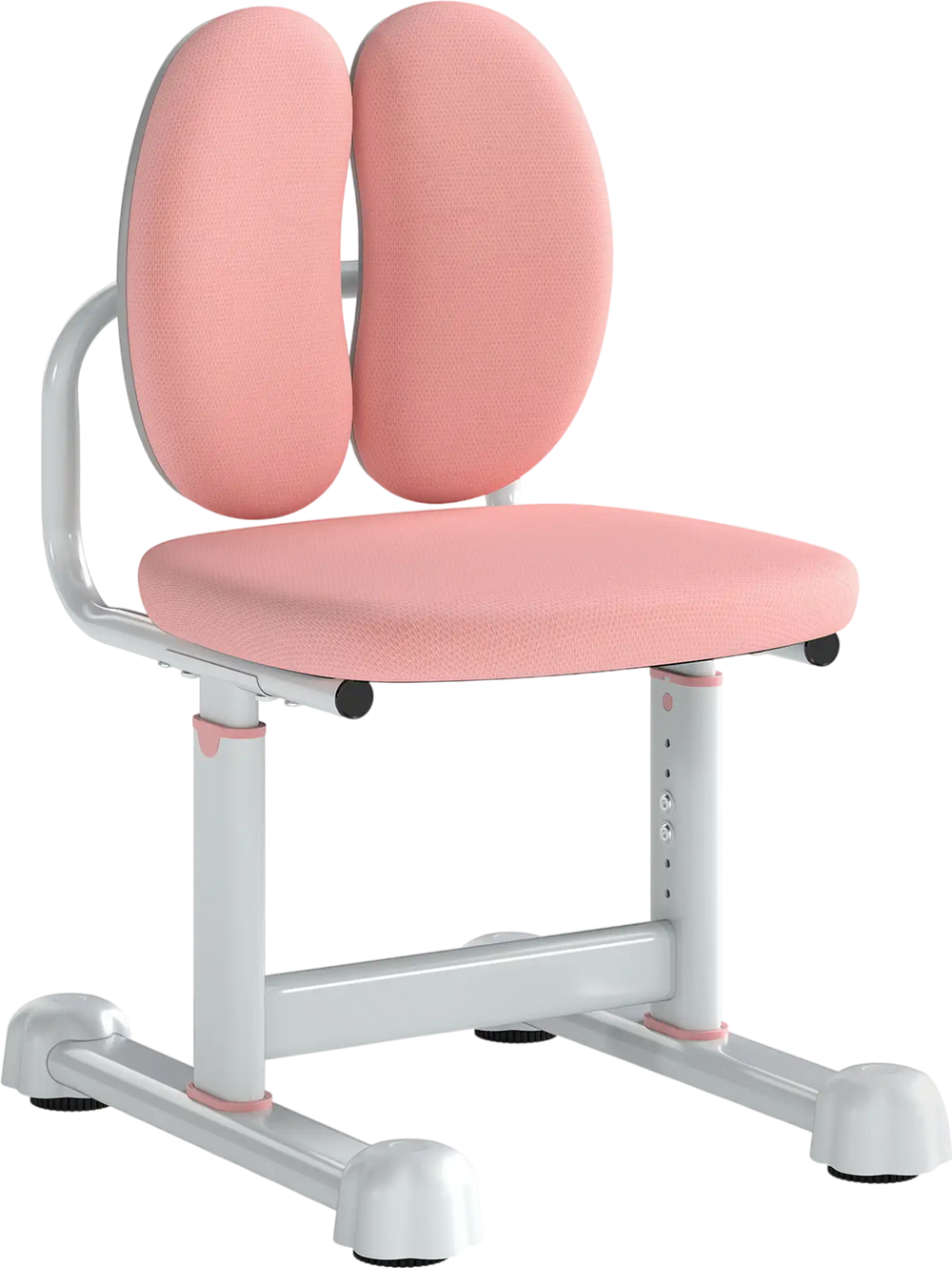 Kids desk chair in pink with dual back support, adjustable height, and sturdy metal frame for studying and drawing.