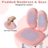 Soft padded backrest and seat of the pink kids desk chair, designed for comfort and ergonomic support for studying.