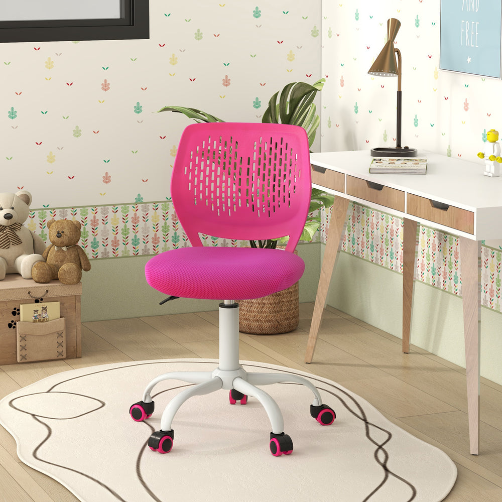 Ergonomic pink children’s study chair with adjustable height, breathable mesh back, and smooth-rolling casters for easy.