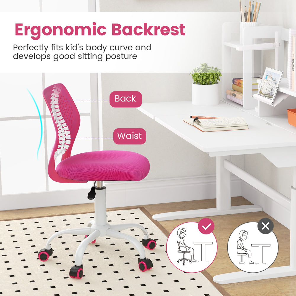 Ergonomic children study chair in pink with adjustable height, breathable mesh, and optimal back support for kids.
