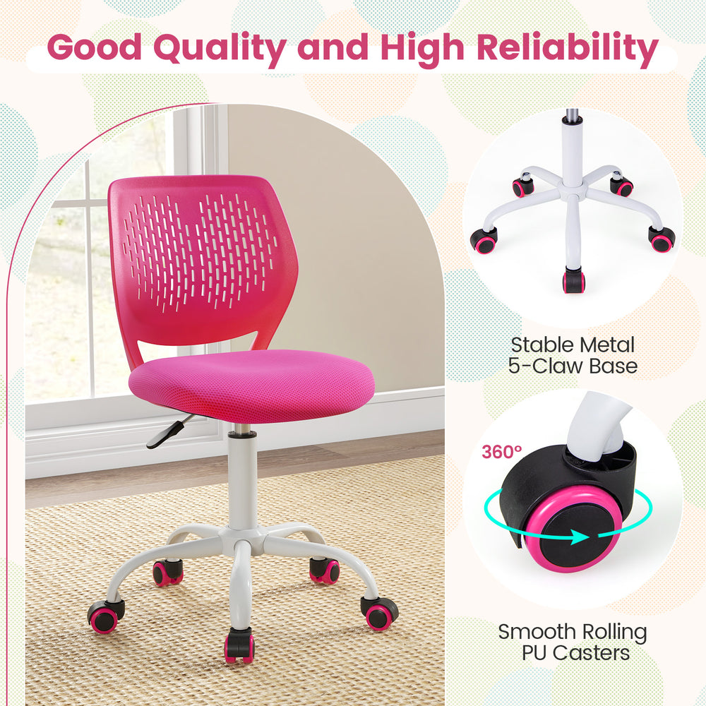 Ergonomic pink children study chair with adjustable height, breathable mesh back, and smooth-rolling casters for easy.