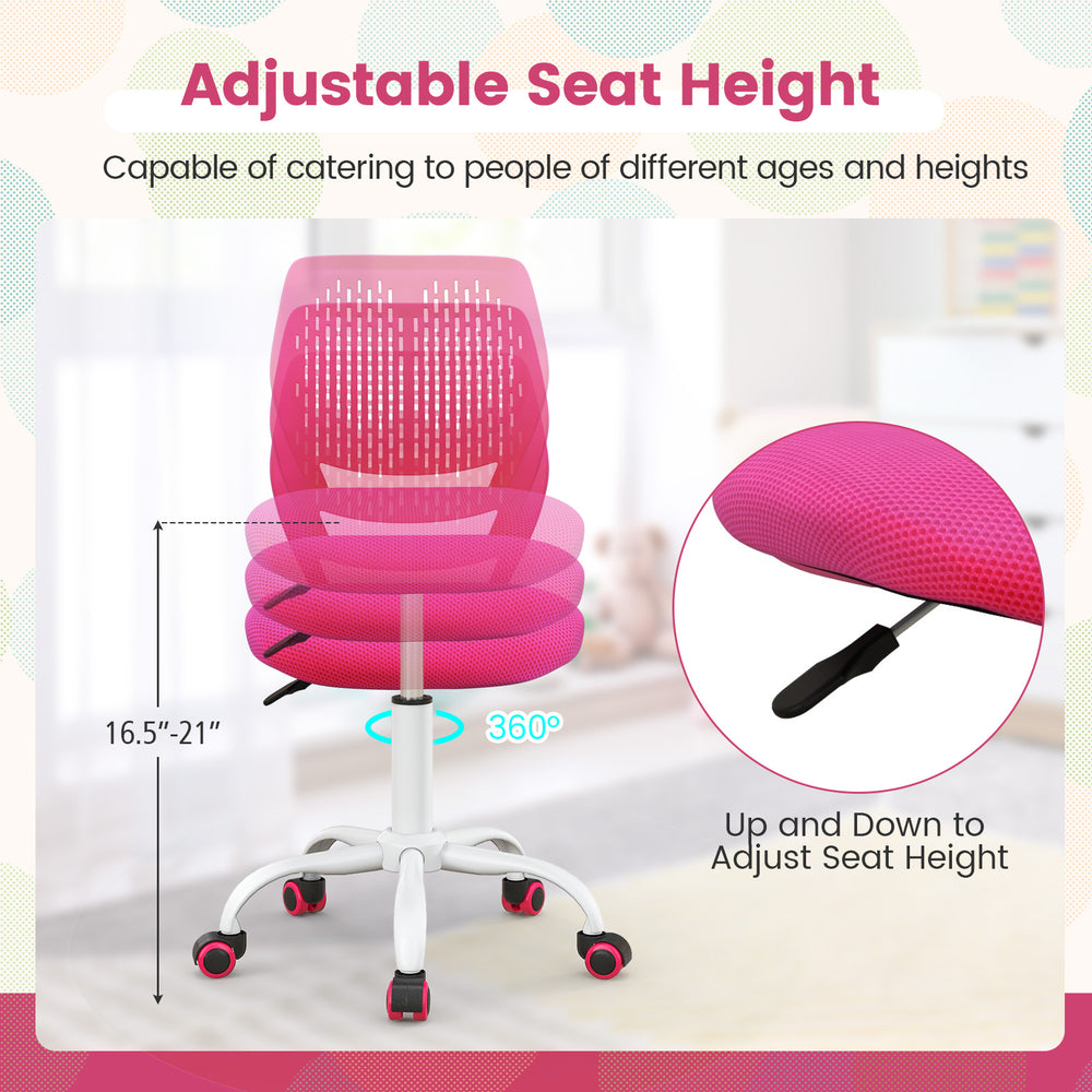 Pink ergonomic children study chair with adjustable height from 16.5" to 21", featuring a breathable mesh back for.