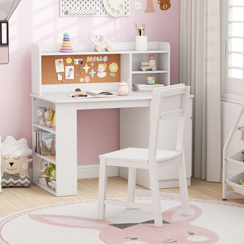 Kids desk and chair set in white with hutch, side shelf, and cork board, perfect for study and play in a child's room.
