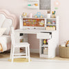 Kids desk and chair set in white with hutch, storage options, and cork board, perfect for study or playroom use.