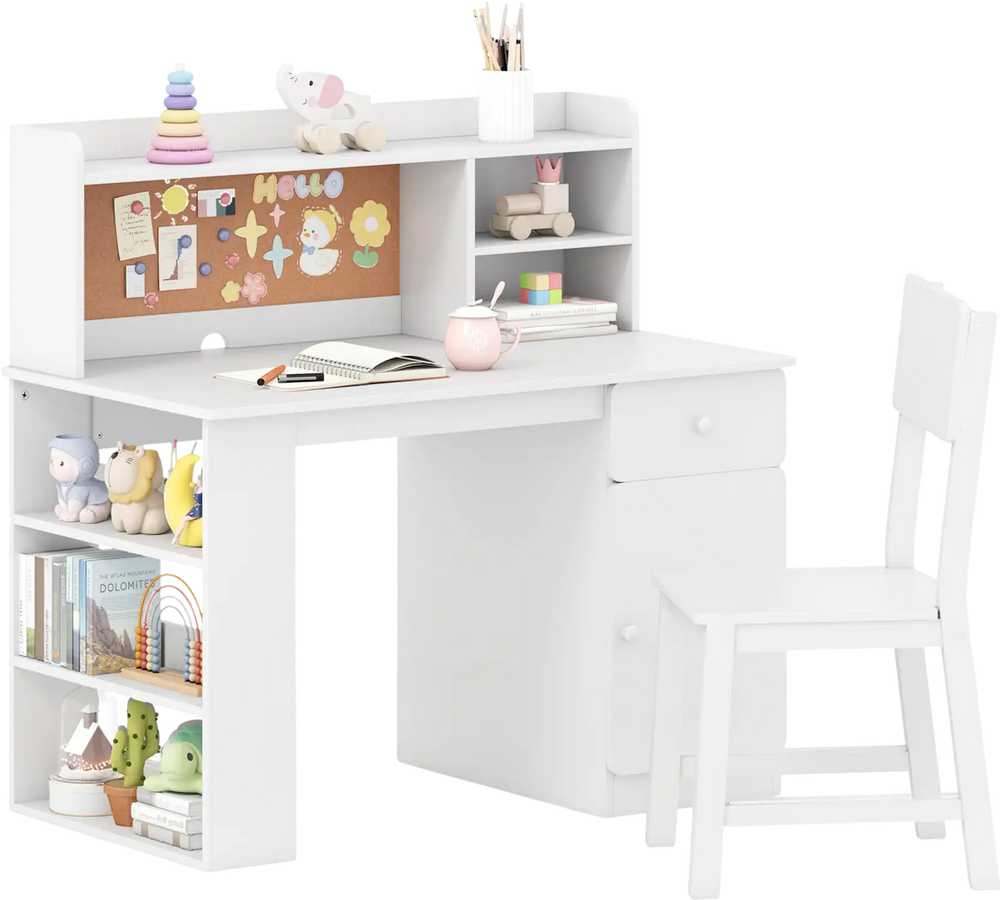 Kids desk and chair set in white with hutch, side shelf, and cork board, perfect for study and play in children's rooms.