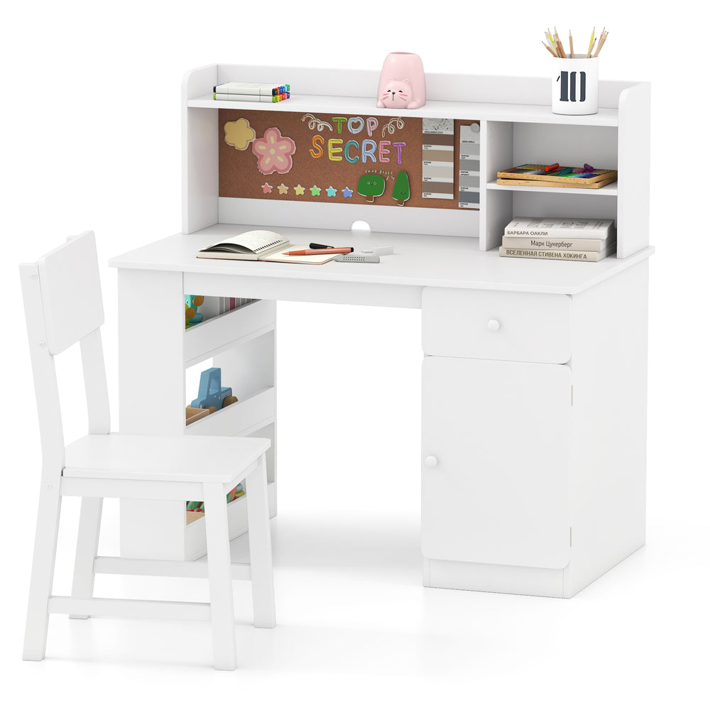 Kids desk and chair set in white with hutch, cork board, and 3-layer side shelf for organized study space.