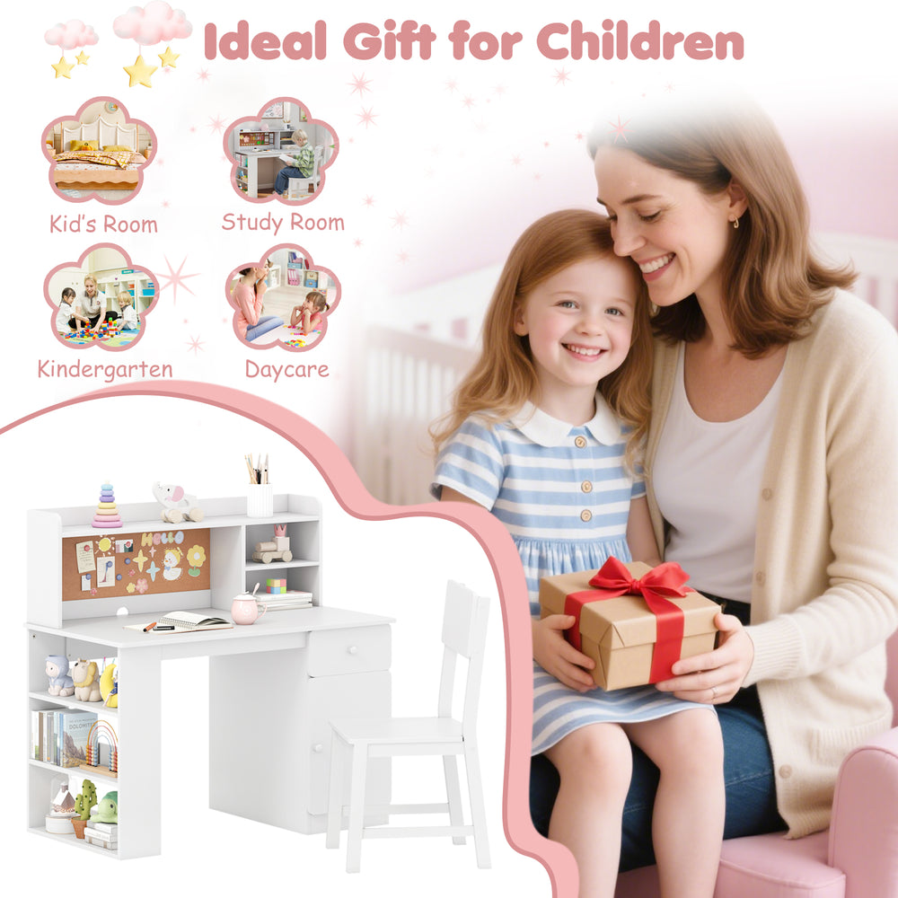 Kids desk and chair set in white with hutch, side shelf, and cork board, perfect for study rooms and play areas.