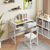 Kids desk and chair set in white with storage drawer and hutch, perfect for studying and creative activities.