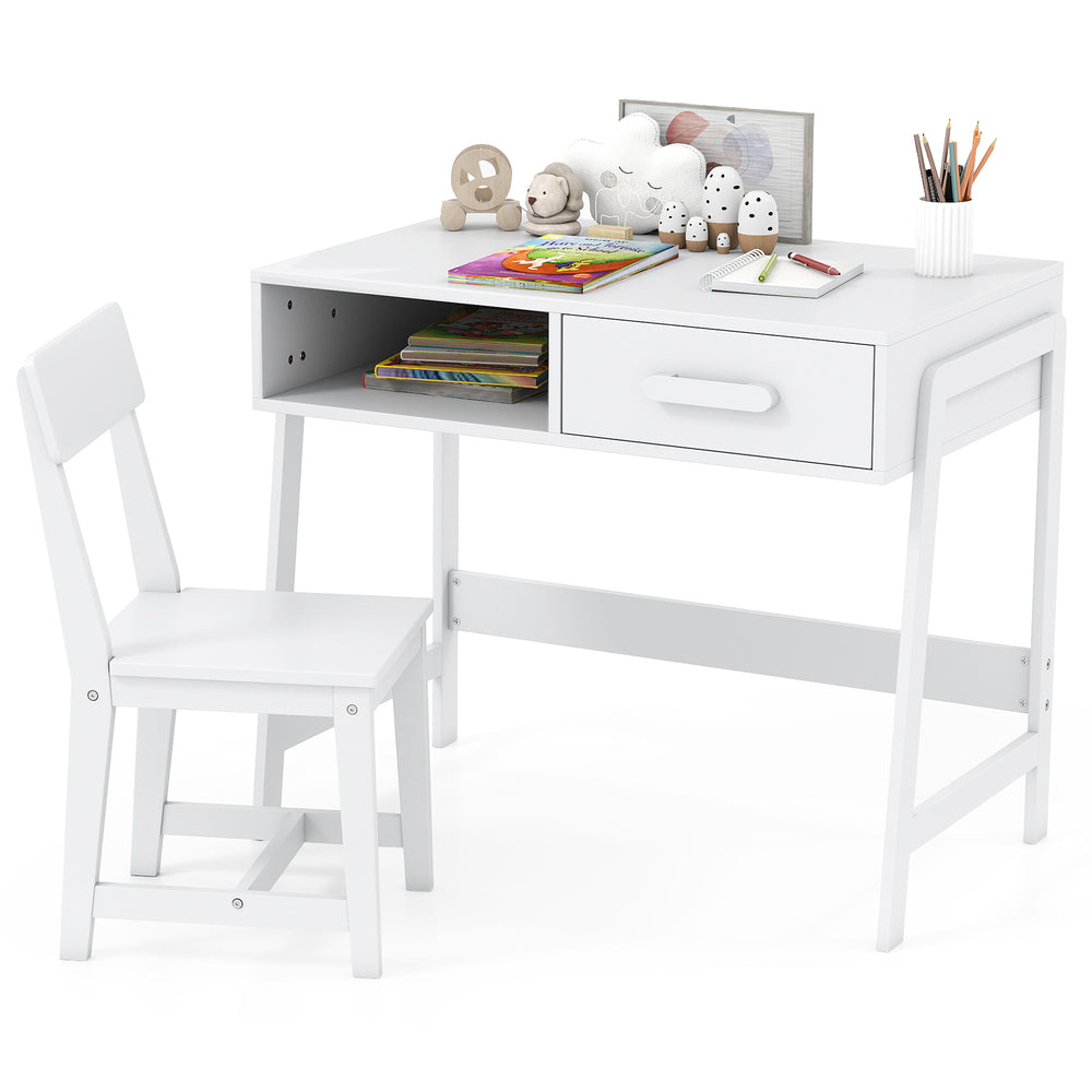 Kids desk and chair set in white with storage drawer and hutch, perfect for studying and playing.