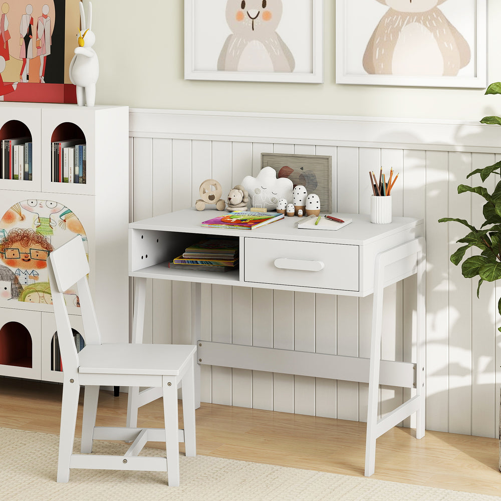 Kids desk and chair set in white with storage drawer, ideal for studying and playing, featuring ergonomic design and.