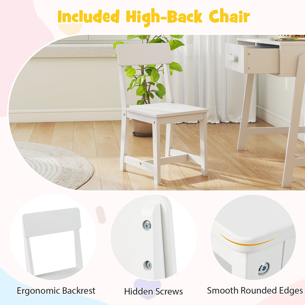 High-back chair from the Kids Desk and Chair Set in white, featuring ergonomic design and smooth rounded edges for.