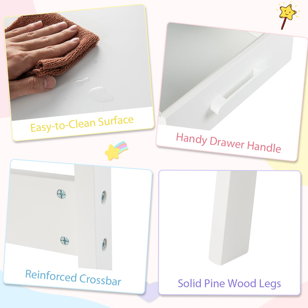 Close-up of the kids desk's easy-to-clean surface and handy drawer handle, perfect for storage and study activities.
