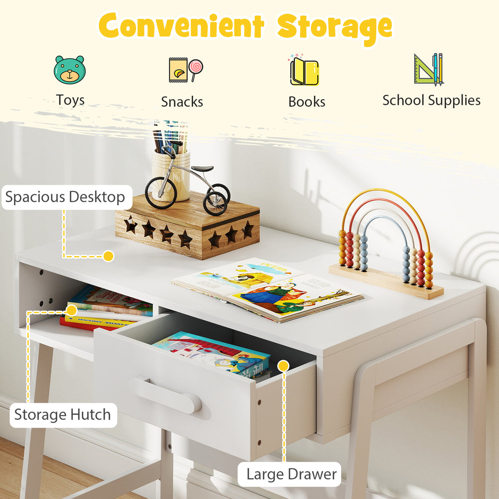 Kids desk and chair set in white featuring a spacious desktop, large drawer, and storage hutch for toys and school.