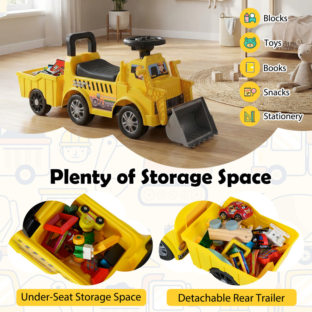 Kids digger ride-on truck with shovel, under-seat storage, and detachable trailer for indoor and outdoor play.