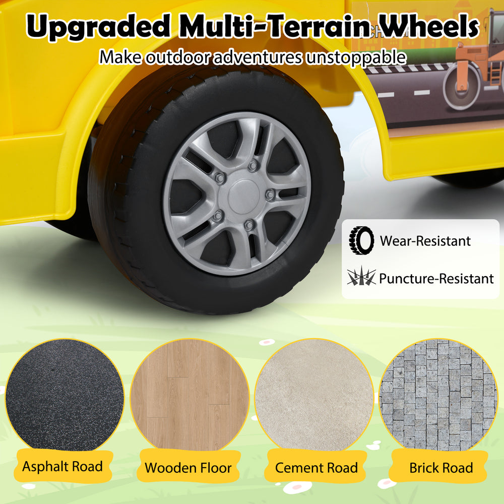 Close-up of upgraded multi-terrain wheels for the Kids Digger Ride on Truck, designed for asphalt, wood, and cement.