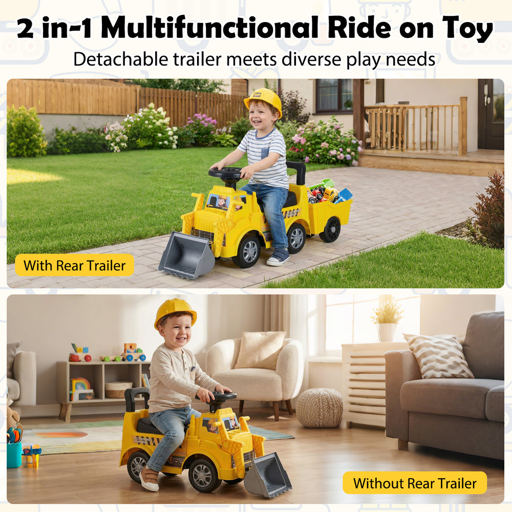 Kids digger ride on truck with detachable trailer, shovel, and under-seat compartment for versatile indoor and outdoor.