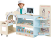 Kids doctor play set with wooden hospital office kit, featuring CT machine, eye chart, and storage trolley for.