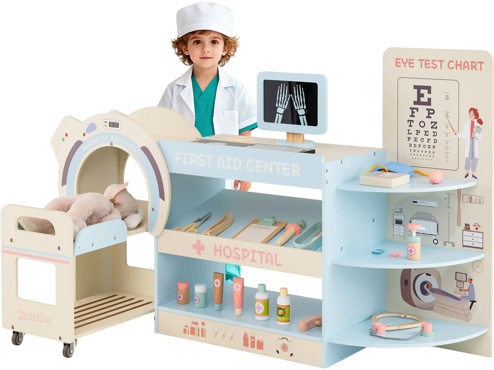 Kids doctor play set with wooden hospital office kit, featuring CT machine, eye chart, and storage trolley for.