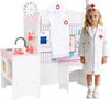 Kids doctor play set in pink with adjustable height bar, sink, and 27 accessories for imaginative role-play.