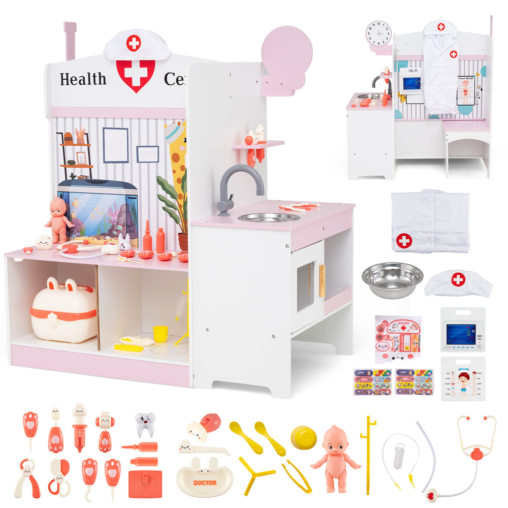 Kids doctor play set in pink showcasing a medical carrying case and accessories, ideal for role-playing and learning.