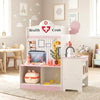 Kids doctor play set in pink featuring a clock with movable hands for learning to tell time during role-play games.