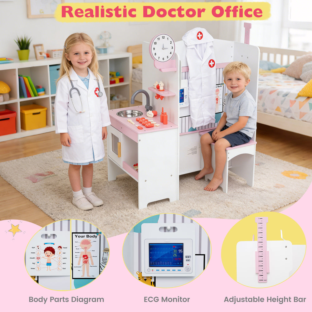 Kids doctor play set featuring an adjustable height bar, ECG monitor, and washing area for imaginative role-play.