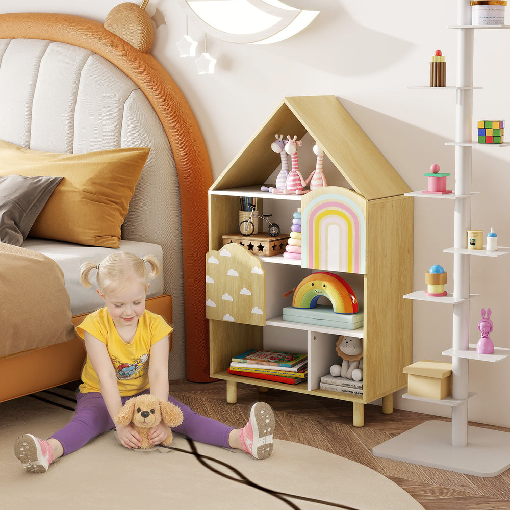 House-shaped bookshelf for kids with ample storage, solid wood legs, and a cute dollhouse design, perfect for playrooms.