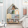 House-shaped kids bookshelf with natural wood finish, featuring open storage and a cute design for toy organization.