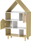 House-shaped bookshelf with open and hidden storage, natural wood finish, ideal for kids' rooms and play areas.