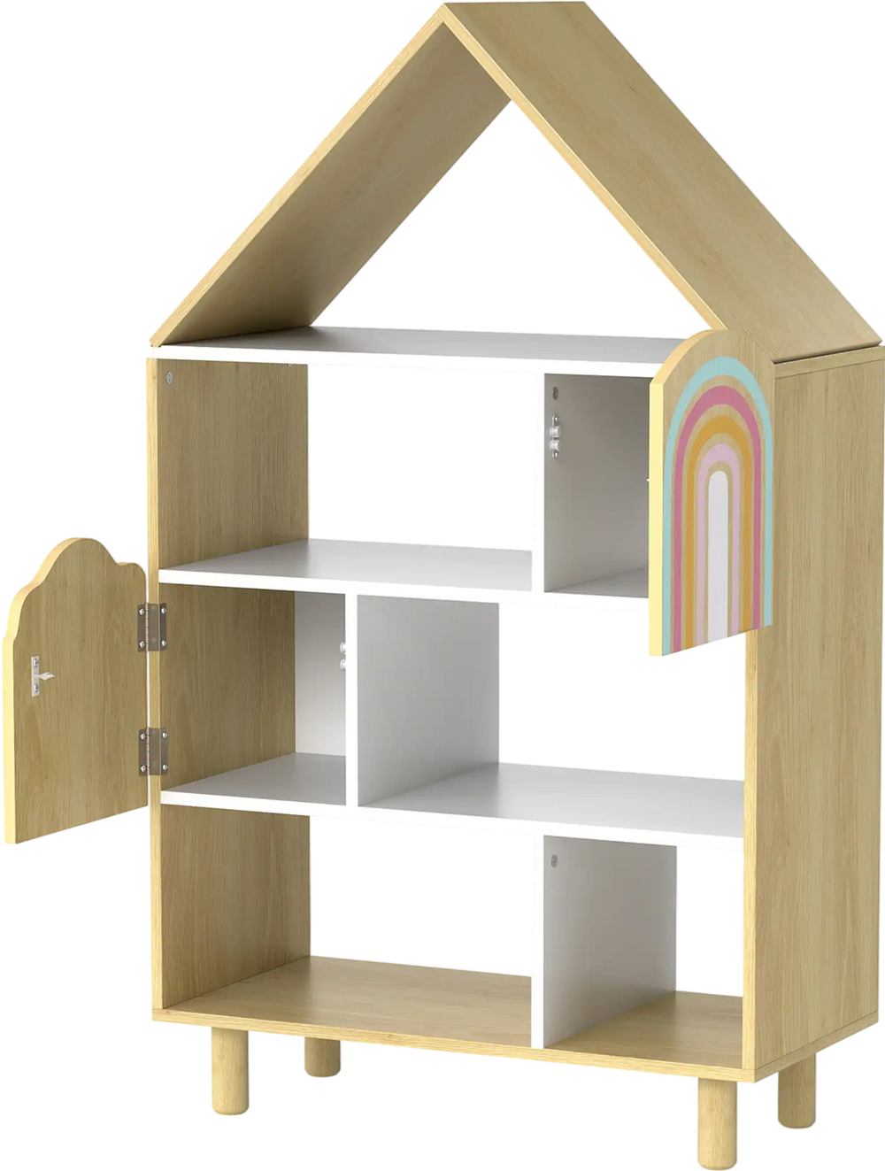 House-shaped bookshelf with open and hidden storage, natural wood finish, ideal for kids' rooms and play areas.