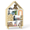 House-shaped kids bookshelf with open storage, solid wood legs, and colorful design for toy organization in playrooms.