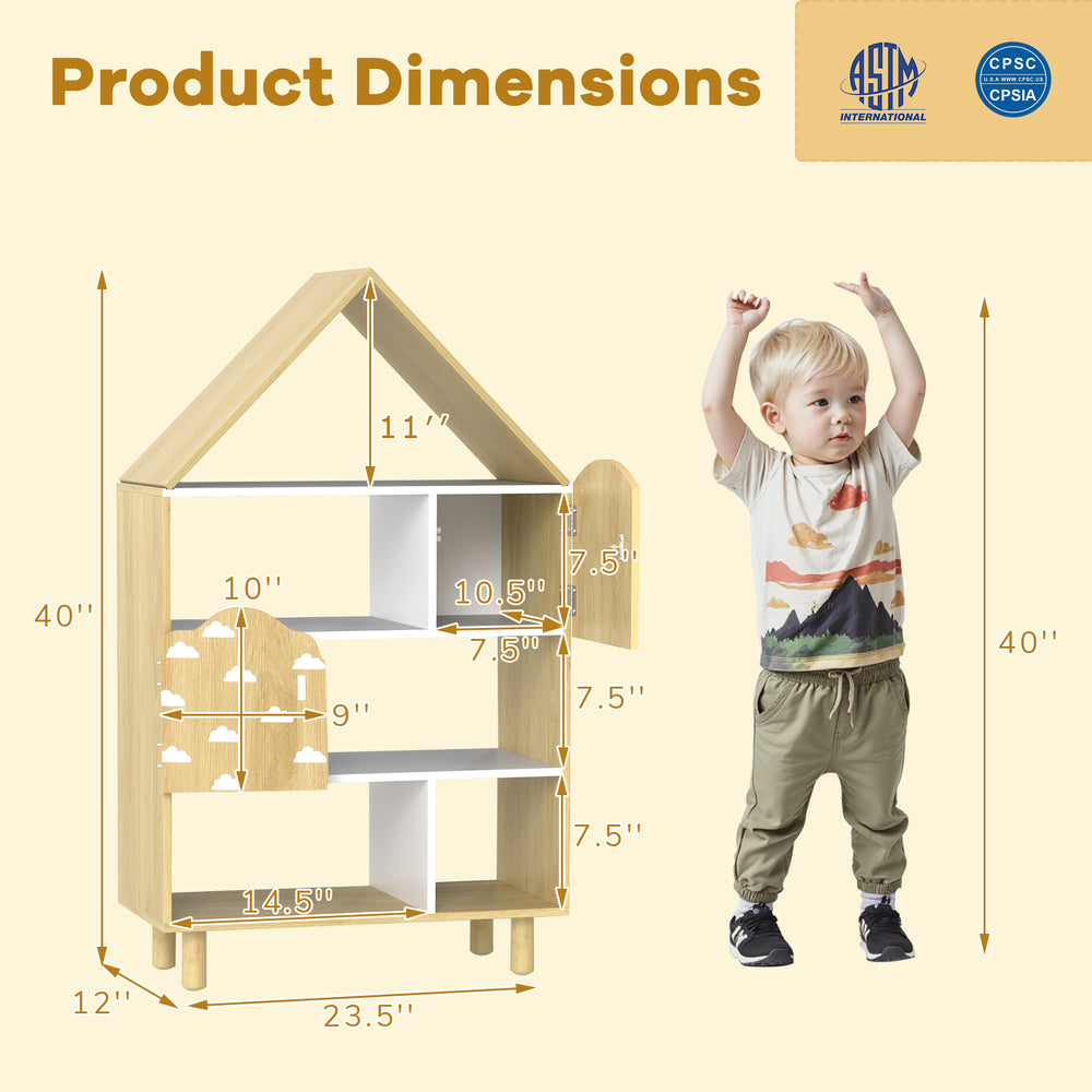 House-shaped kids dollhouse bookshelf with open storage, solid wood legs, and safety features for children's rooms.