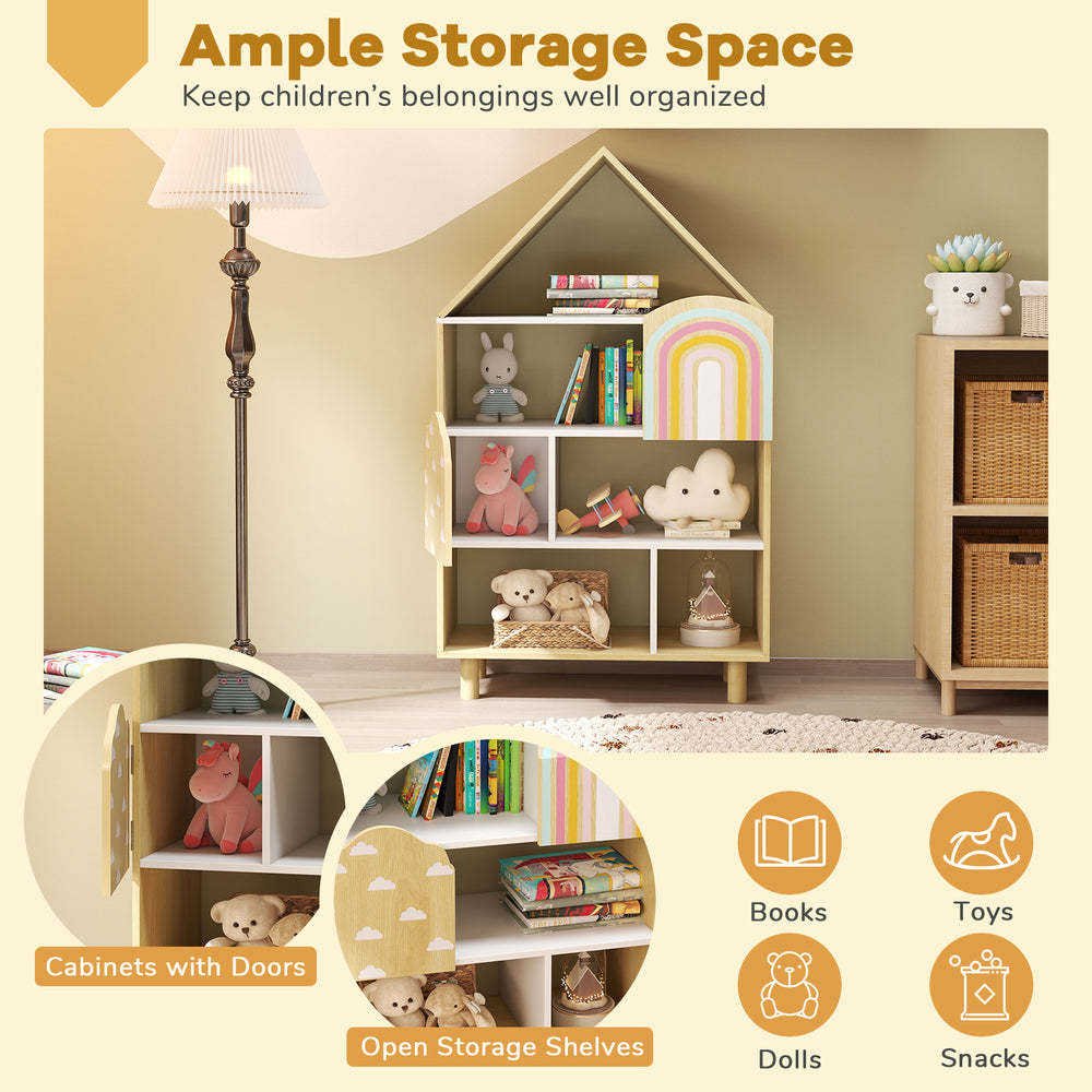 House-shaped kids bookshelf with open and closed storage, ideal for toys and books in playrooms or children's rooms.