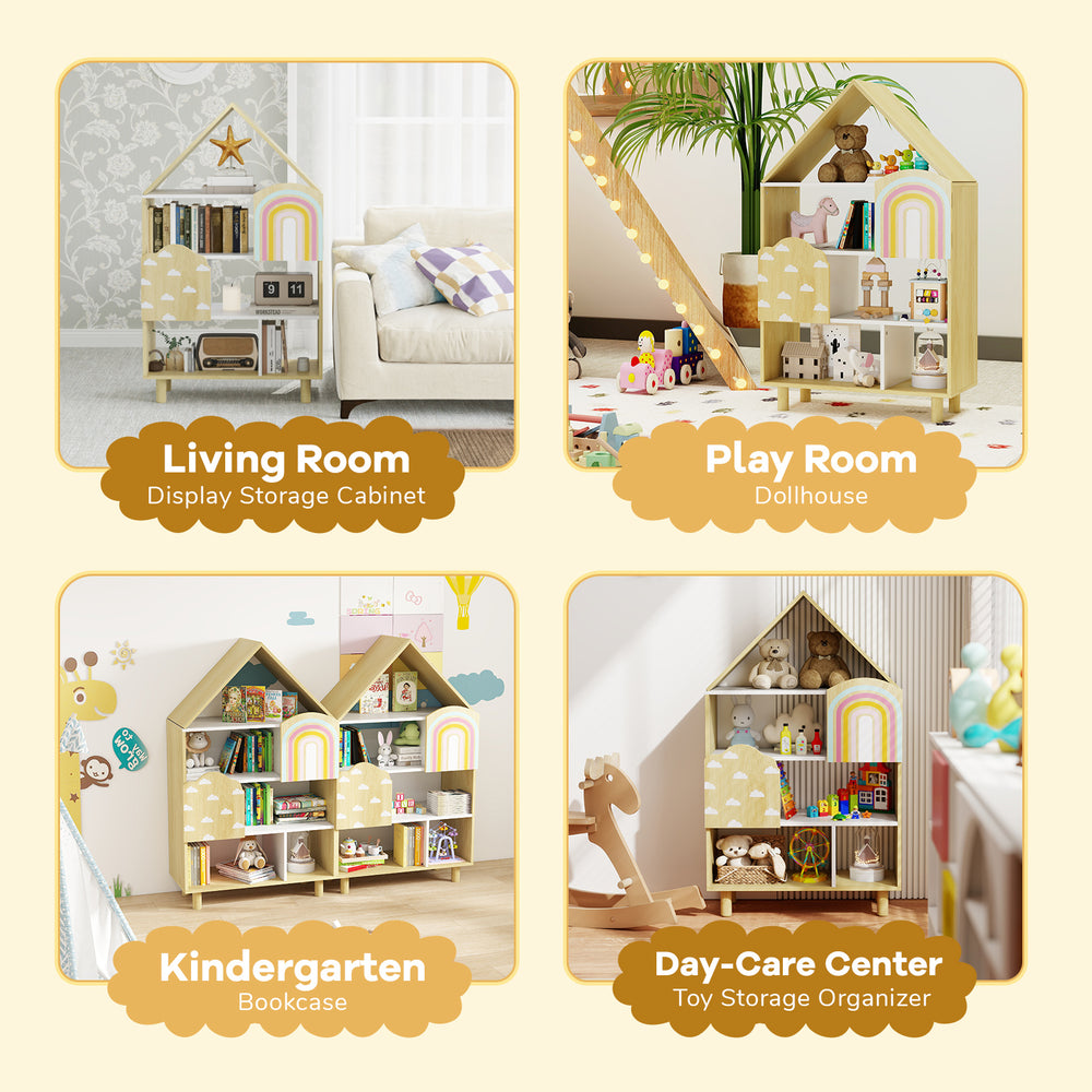House-shaped kids bookshelf with ample storage, solid wood legs, and a cute dollhouse design for playroom organization.