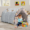 Kids Dream Bed Tent in gray with glow-in-the-dark stars, featuring lights and net curtains for playtime and privacy.