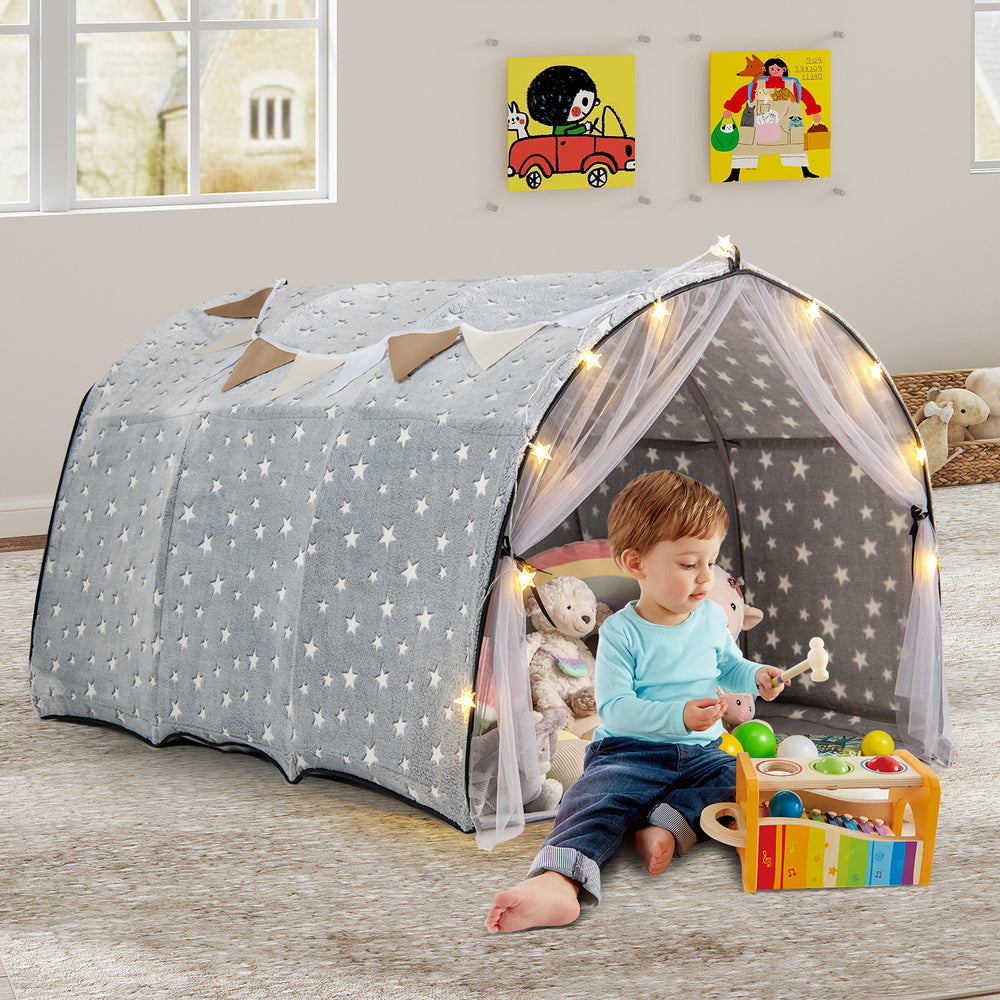 Kids Dream Bed Tent in gray with glow-in-the-dark stars, featuring lights and net curtains for playtime and privacy.