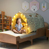 Kids Dream Bed Tent in gray with glow-in-the-dark stars, lights, and double net curtains for magical sleep and play.