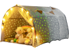 Kids Dream Bed Tent in gray with glow-in-the-dark stars, featuring soft flannel fabric and decorative lights for.