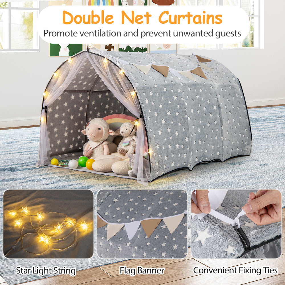 Kids Dream Bed Tent in gray with glow-in-the-dark stars, featuring double net curtains and star light string for charm.