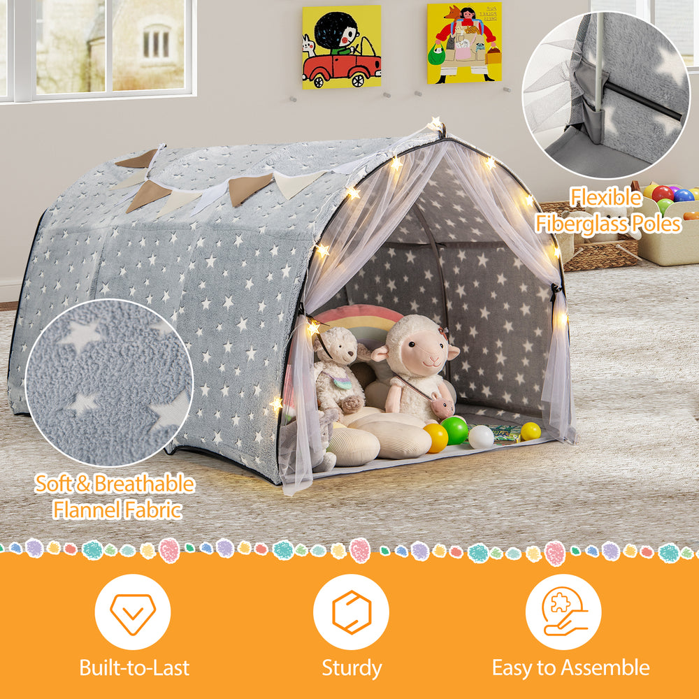Kids Dream Bed Tent in gray with glow-in-the-dark stars, featuring soft flannel fabric and flexible fiberglass poles.