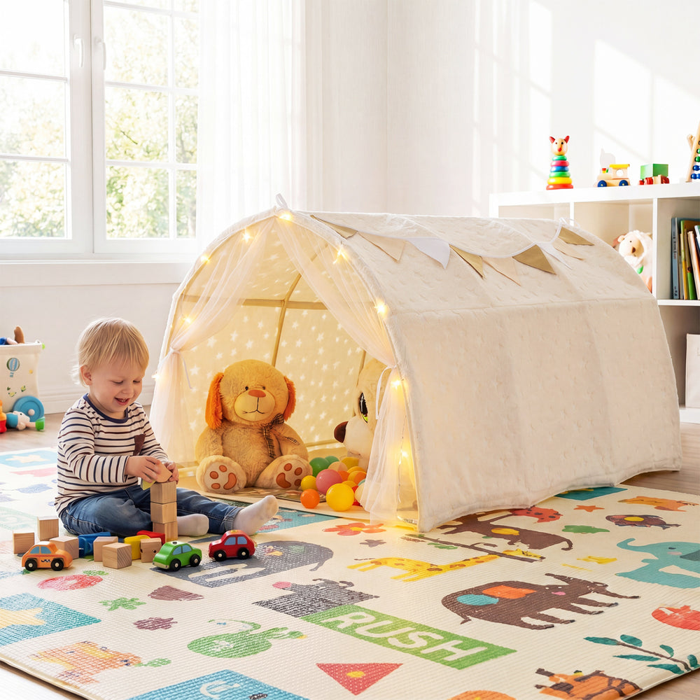 Kids Dream Bed Tent Twin Bunk Bed with Glow in the Dark Stars and Lights-Beige - Gallery View 1 of 10